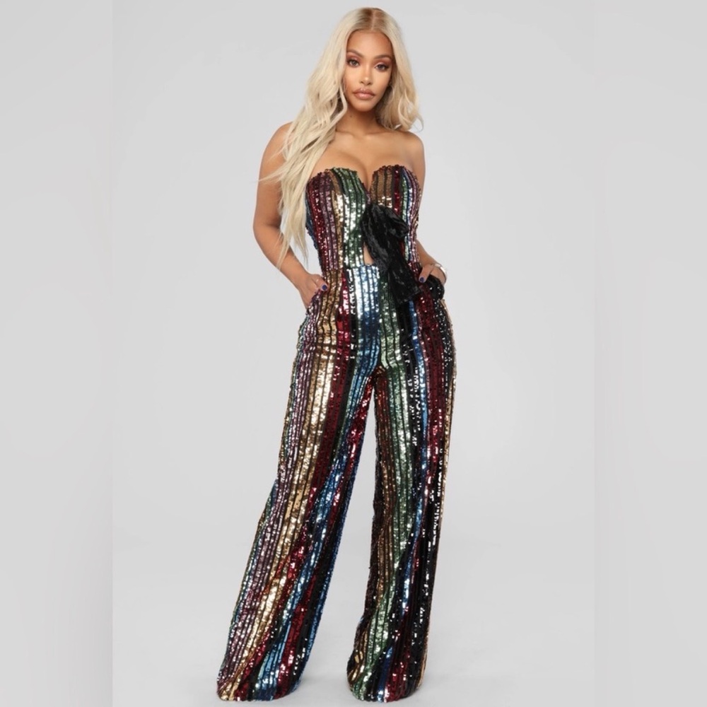Fashion Nova Rainbow Sequin Strapless Jumpsuit